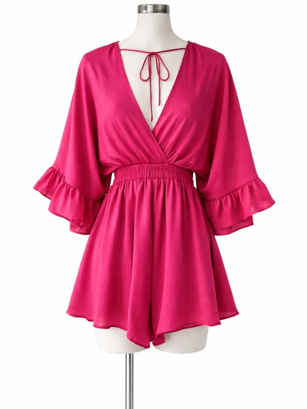 glam Hot Pink Ruffle Sleeve Surplice Romper